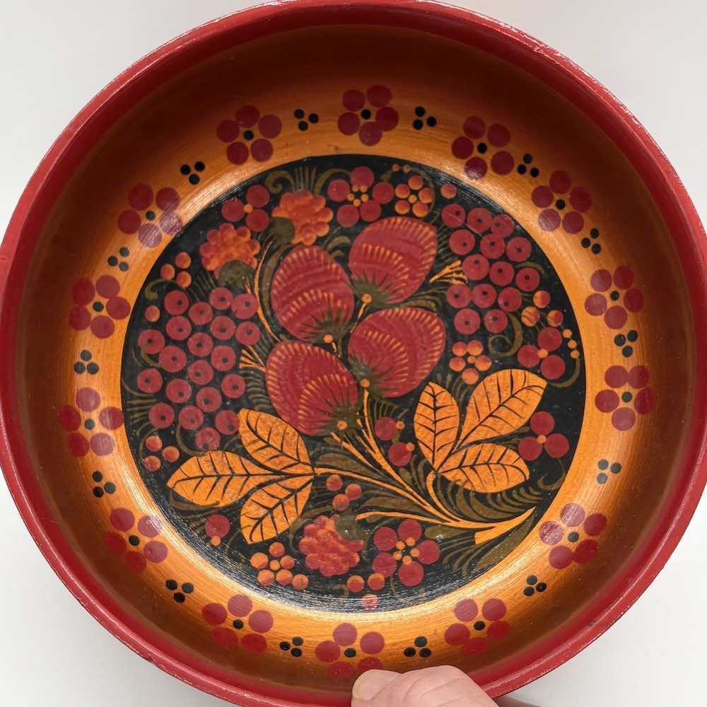 Russian Art Khokhloma Wooden Bowl Matching Spoon Traditional Floral Berry Design - Picture 12 of 16